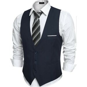 COOFANDY Formal Dress Navy Blue Button Front V Neck Sleeveless Suit Vest Mens  S